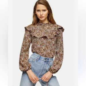 Topshop Brown Animal Print Leopard print Ruffle Blouse top